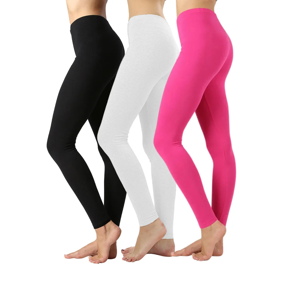 Pack of 3 Women Basic Solid Color Cotton Full Length Leggings