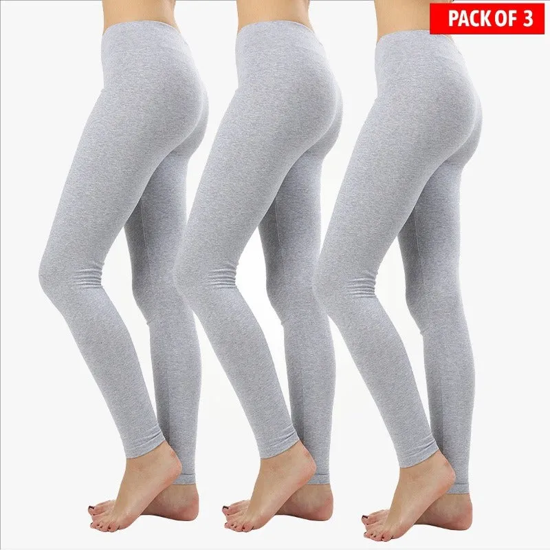 Pack of 3 Women Basic Solid Color Cotton Full Length Leggings