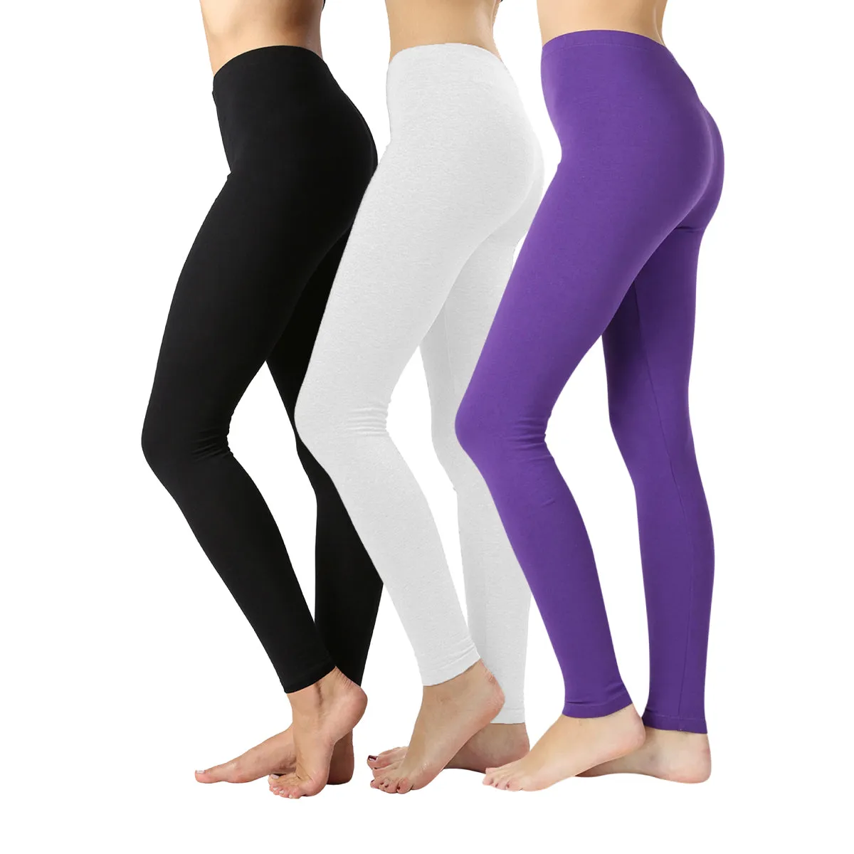 Pack of 3 Women Basic Solid Color Cotton Full Length Leggings