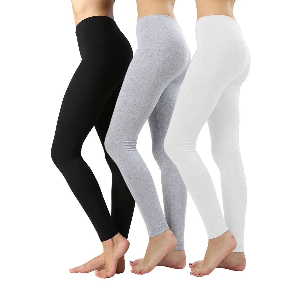 Pack of 3 Women Basic Solid Color Cotton Full Length Leggings