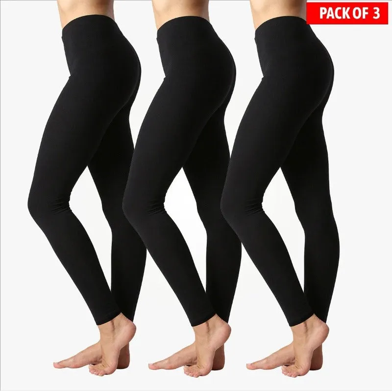 Pack of 3 Women Basic Solid Color Cotton Full Length Leggings