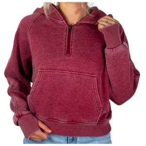 PO-7204 Half Zip Wash Hoodie Wine Red