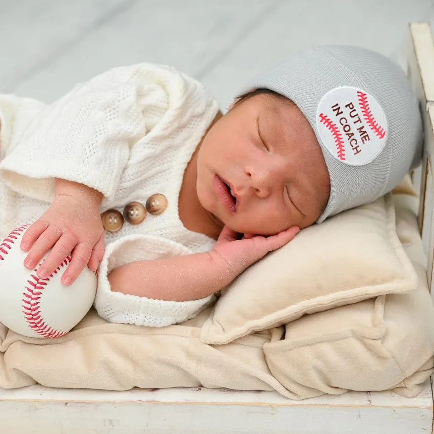 Put Me In Coach - WHITE, Blue or Gray Baseball Hat for Newborn Boys - Sports Hospital Hat