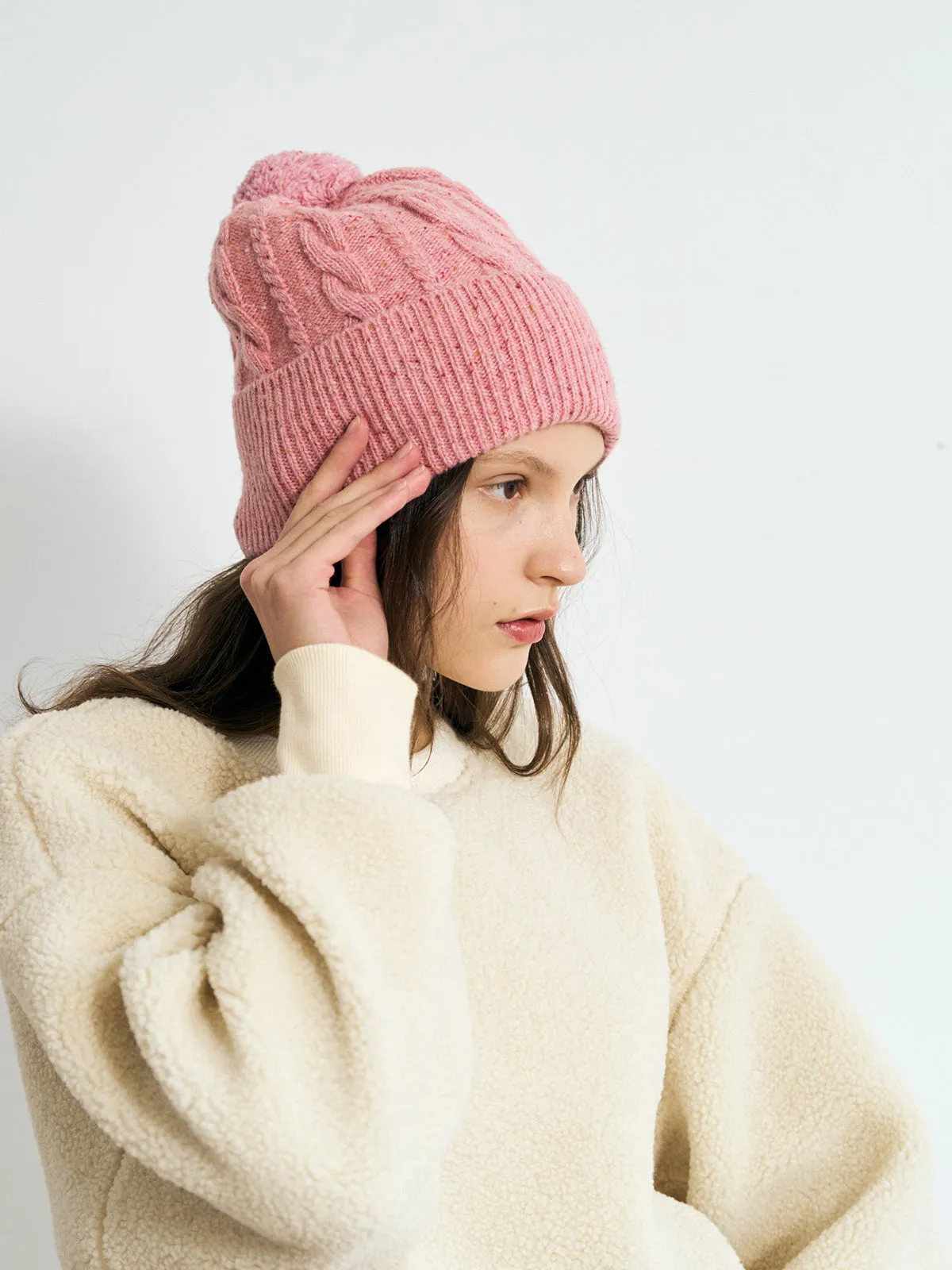 "Pom Pom" Cable Knit Wool Beanie Hat - Pink Blush