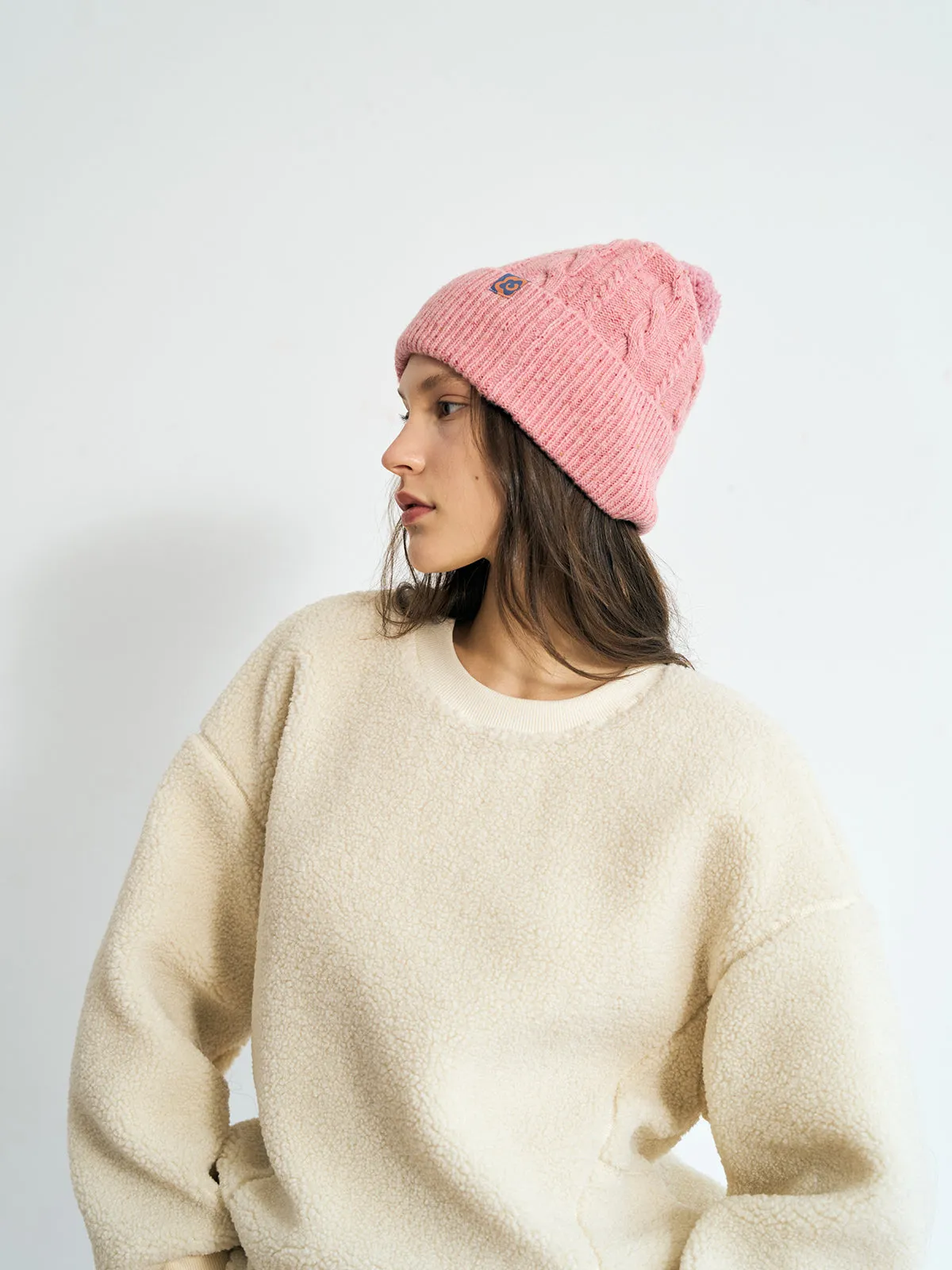 "Pom Pom" Cable Knit Wool Beanie Hat - Pink Blush