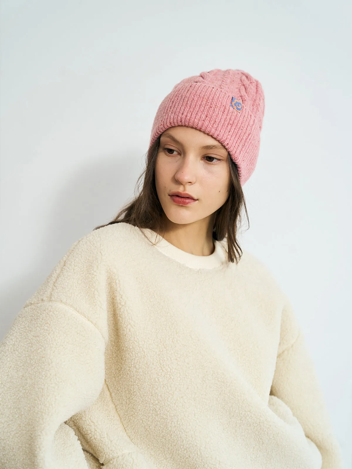 "Pom Pom" Cable Knit Wool Beanie Hat - Pink Blush