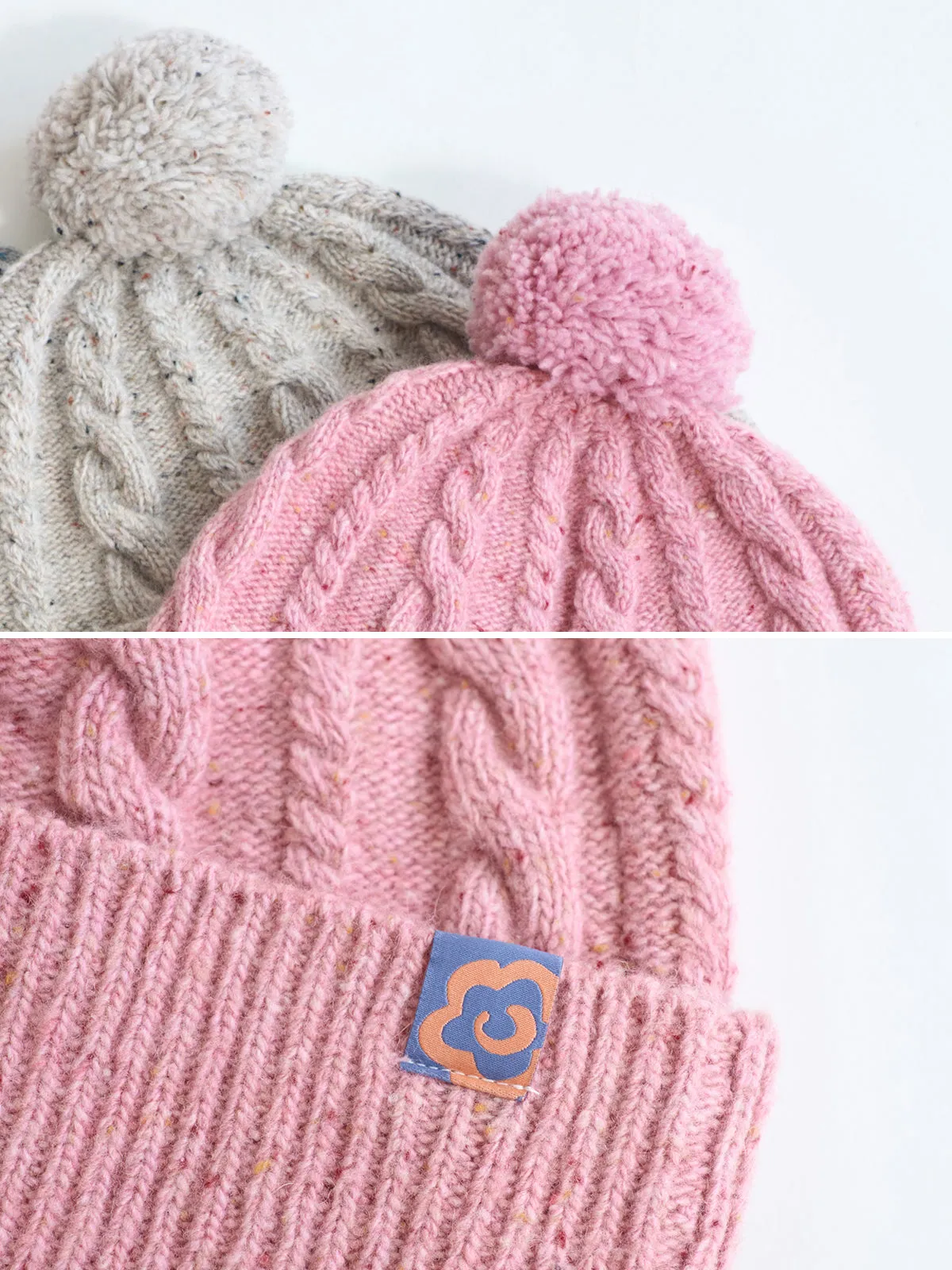 "Pom Pom" Cable Knit Wool Beanie Hat - Pink Blush