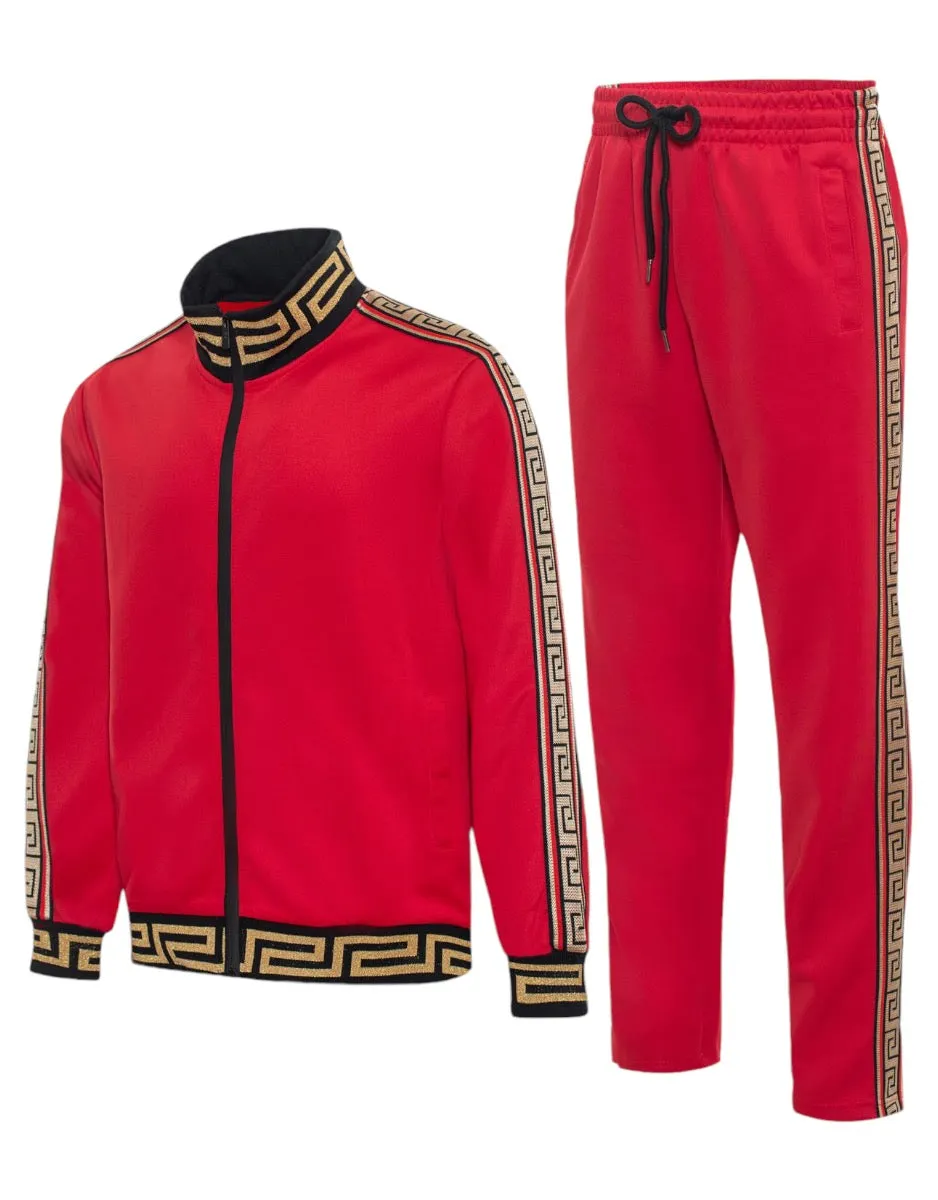 Red Men's Jogging Set Jacket and Pants Fancy Greek Key Design Style No: MTK11