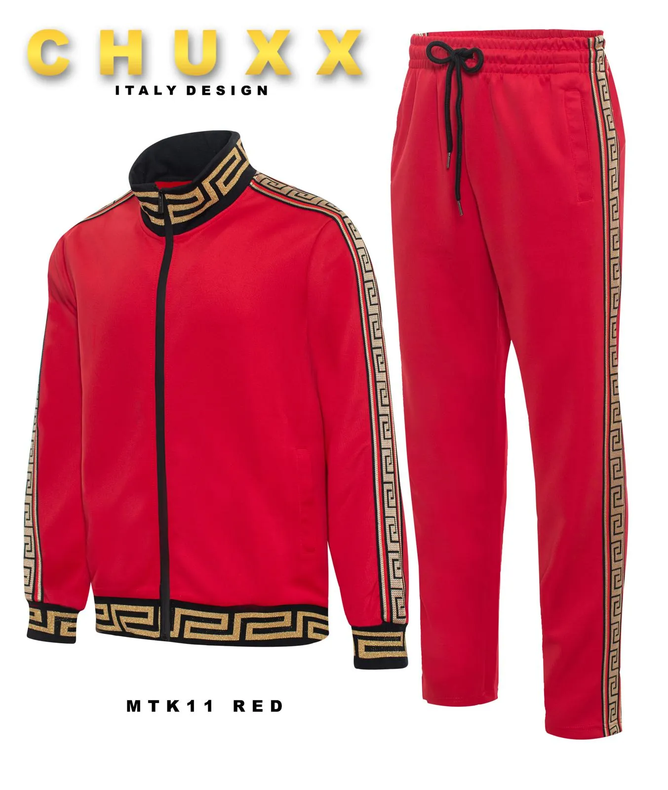 Red Men's Jogging Set Jacket and Pants Fancy Greek Key Design Style No: MTK11