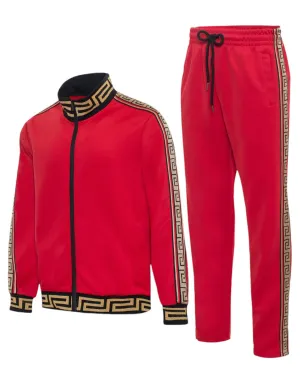 Red Men's Jogging Set Jacket and Pants Fancy Greek Key Design Style No: MTK11