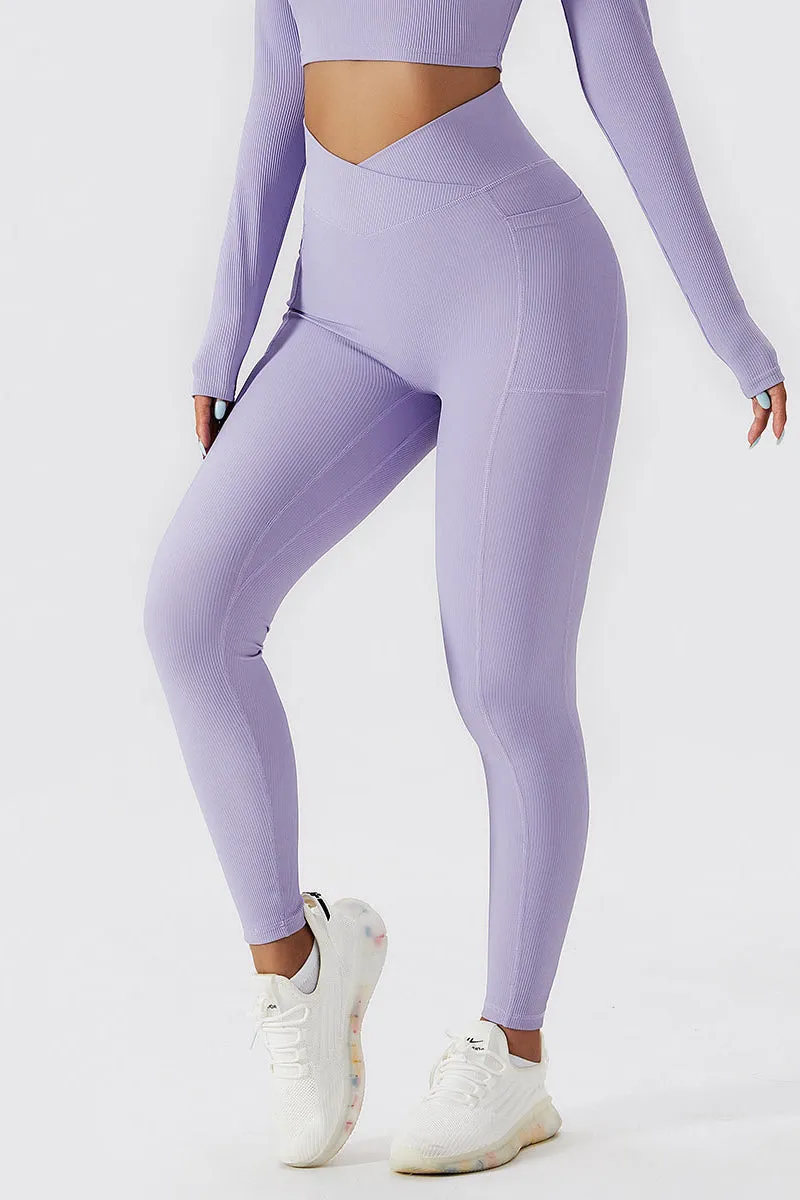 Ribbed V-Cross Leggings with Pockets