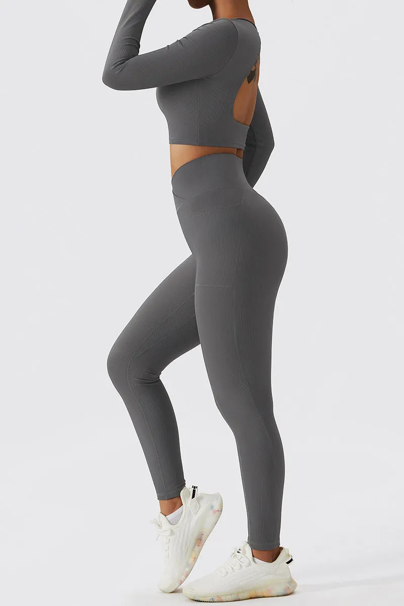 Ribbed V-Cross Leggings with Pockets