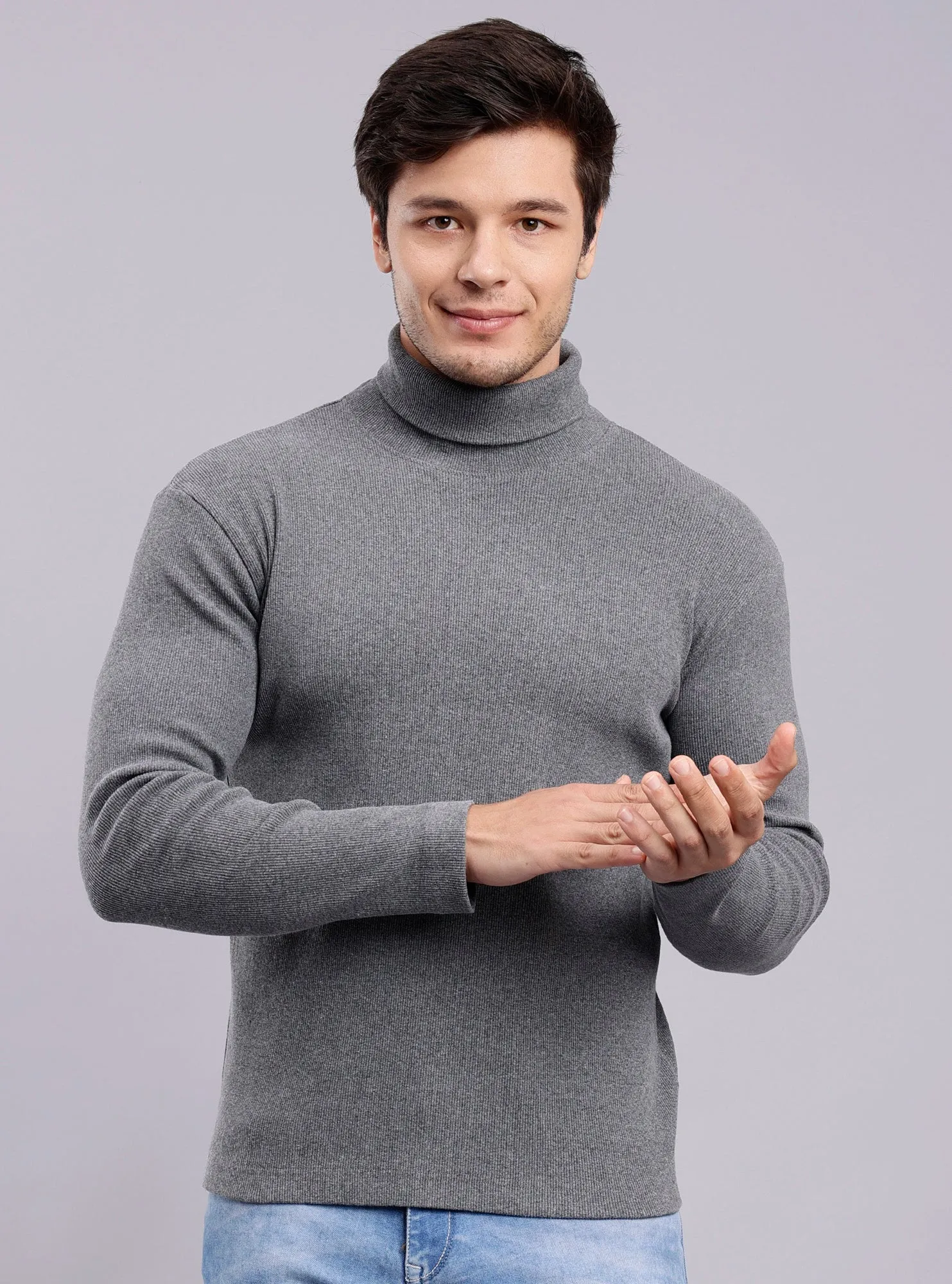 Sw12 SLIM FIT RIB-KNIT TURTLENECK SWEATER - Heather Grey