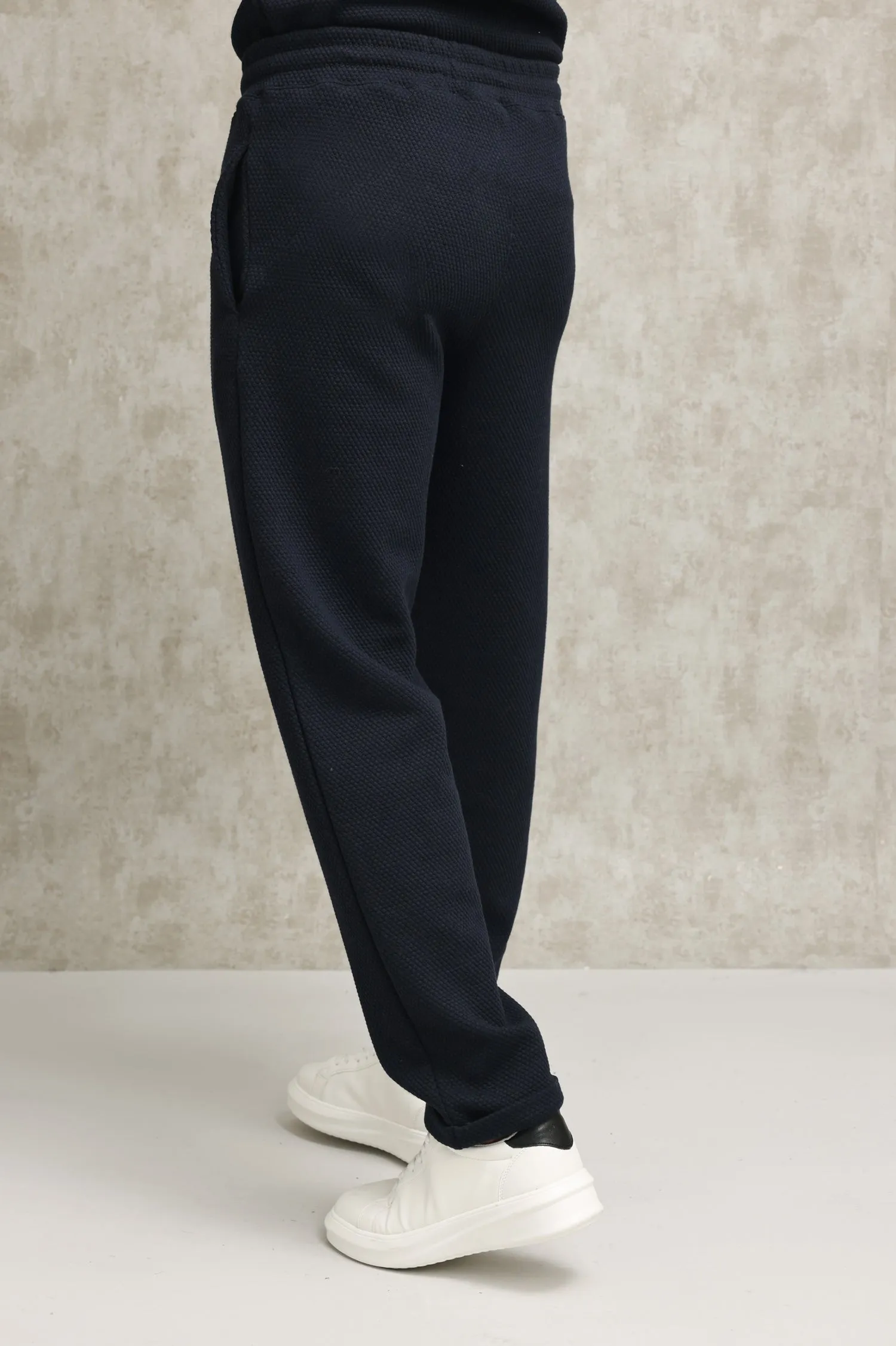 TEXTURED KNIT JOGGERS WITH DRAWSTRING WAIST-NAVY