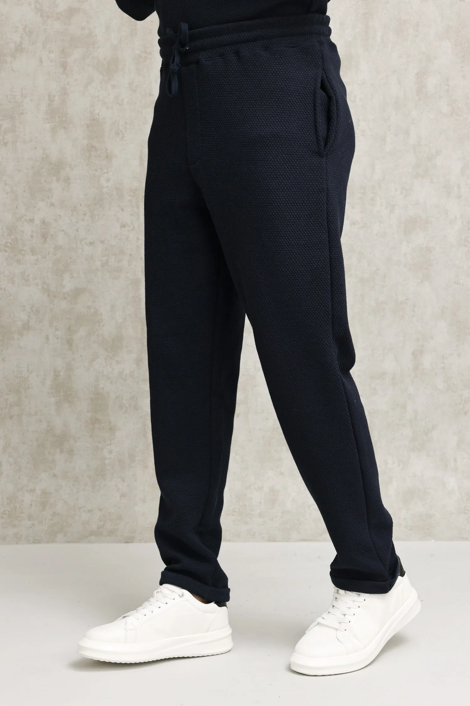 TEXTURED KNIT JOGGERS WITH DRAWSTRING WAIST-NAVY