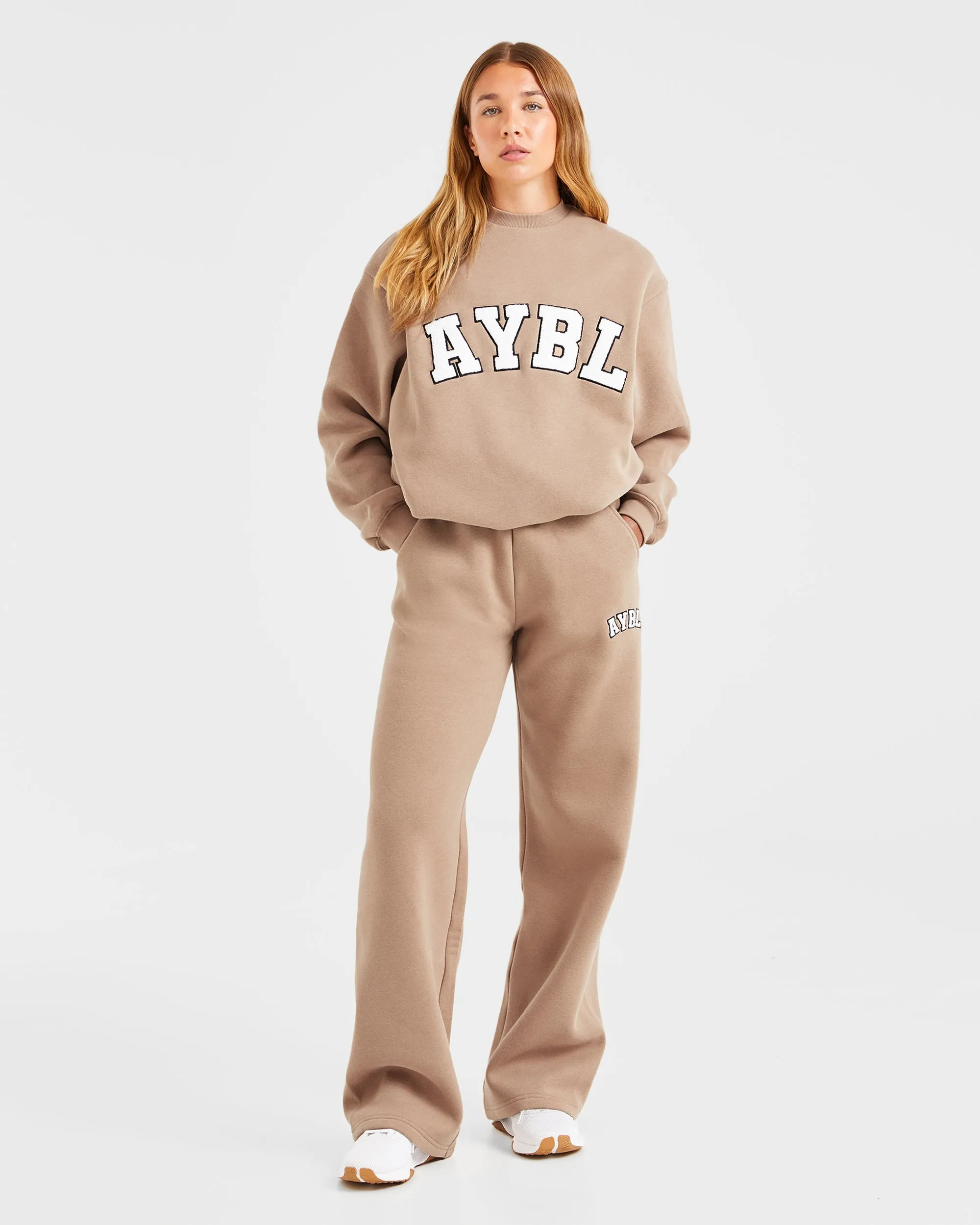 Varsity Oversized Straight Leg Joggers - Latte Brown