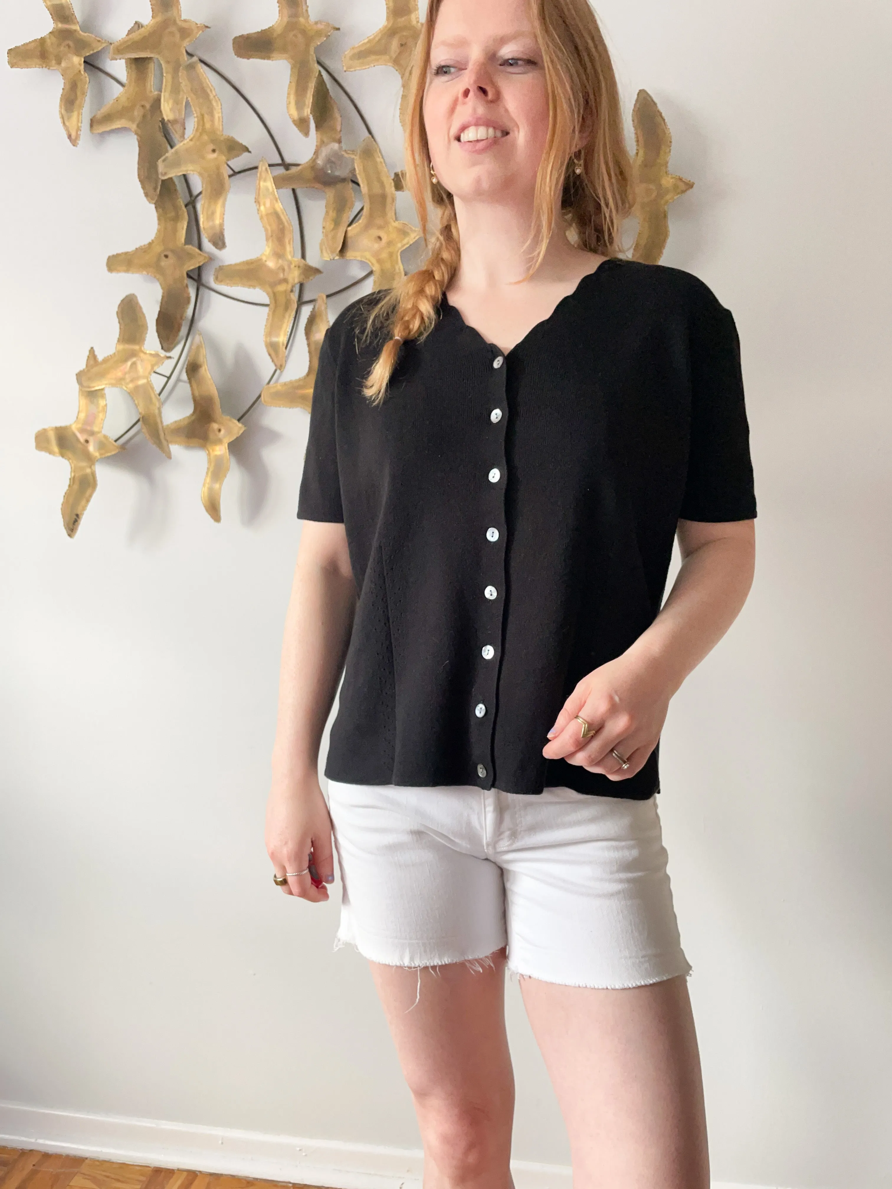 Vintage Gaddy Collection 100% Cotton Black Scalloped Short Sleeve Cardigan - M/L