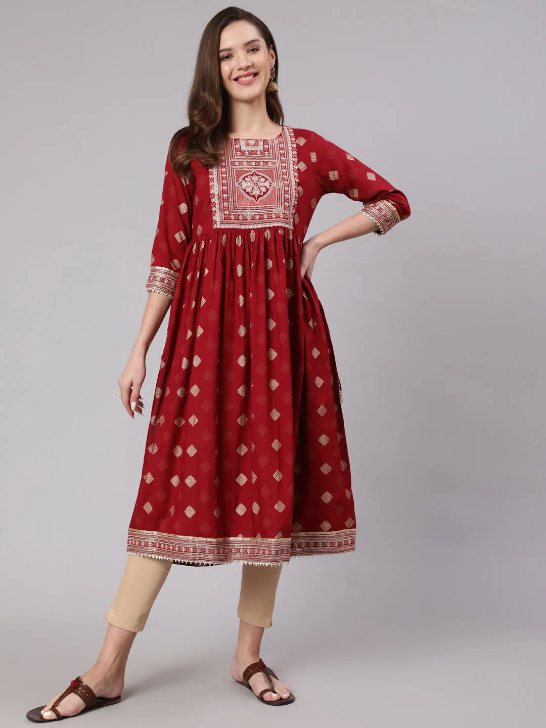 Women Maroon Rayon Nyara Cut A-Line Kurta