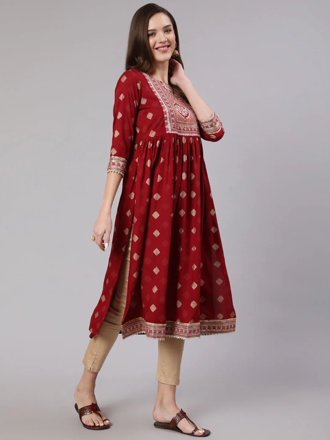 Women Maroon Rayon Nyara Cut A-Line Kurta