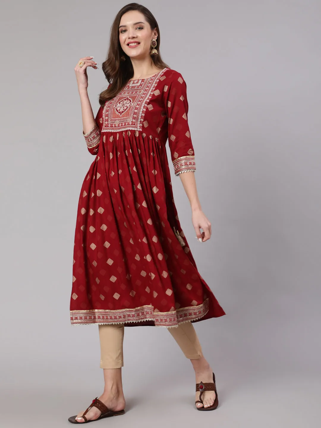 Women Maroon Rayon Nyara Cut A-Line Kurta