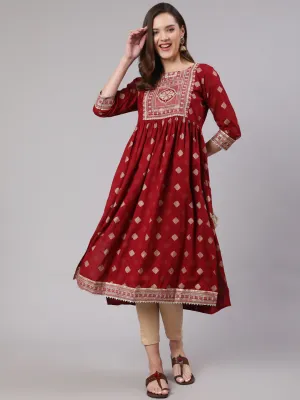 Women Maroon Rayon Nyara Cut A-Line Kurta