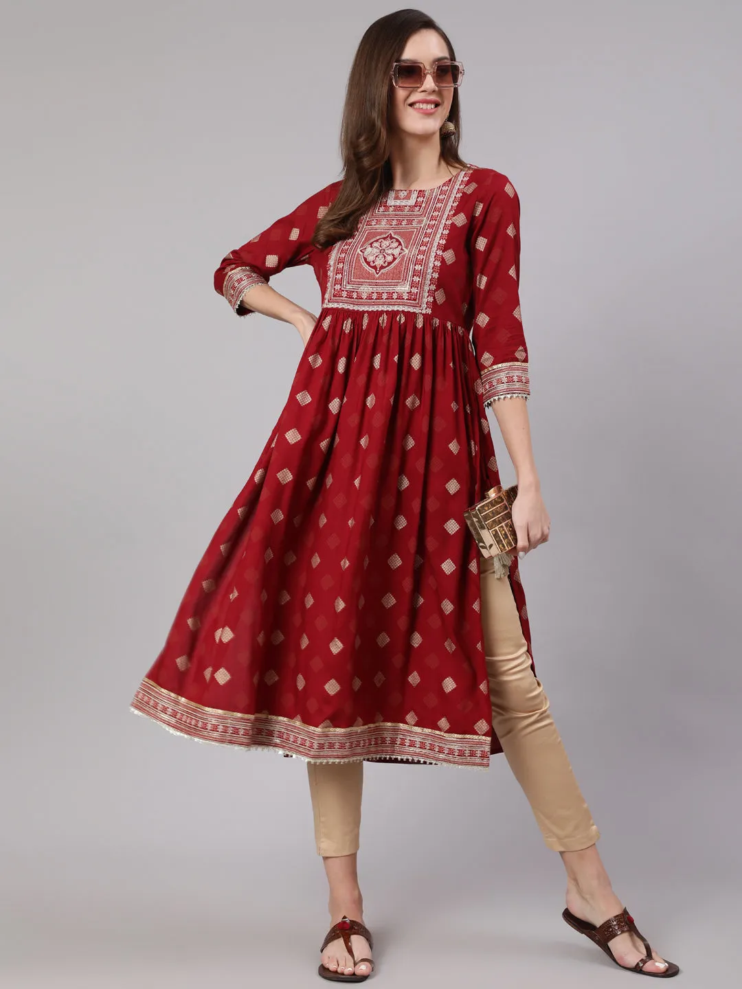 Women Maroon Rayon Nyara Cut A-Line Kurta