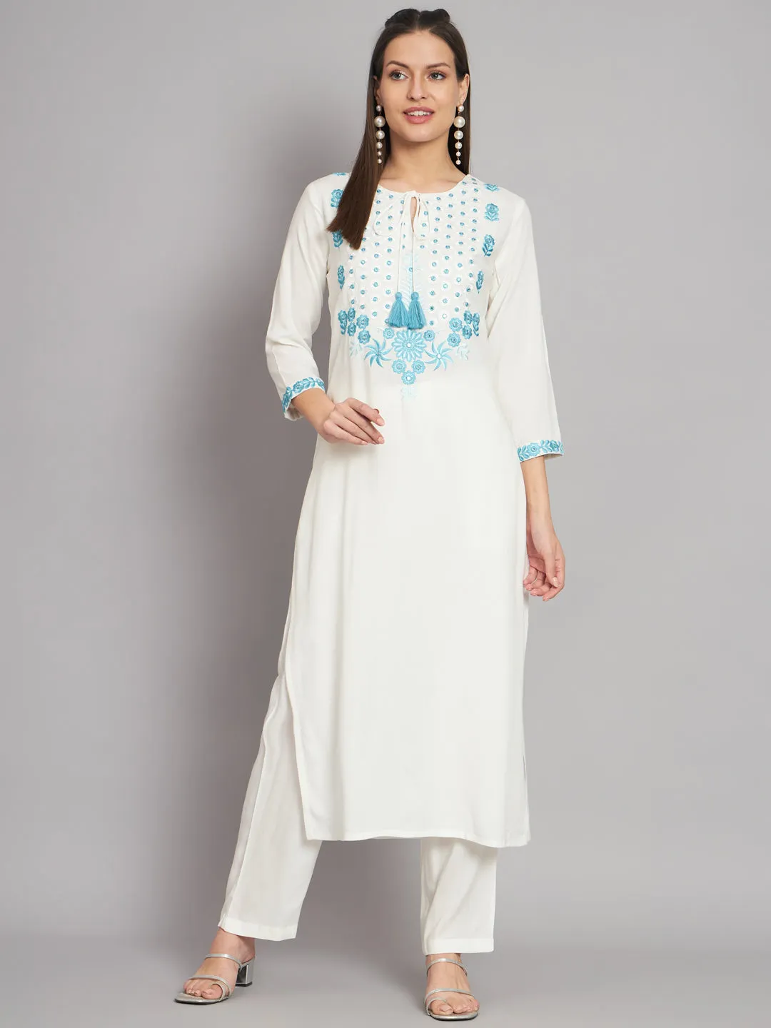 Women's Rayon White Straight Kurta and Palazzo