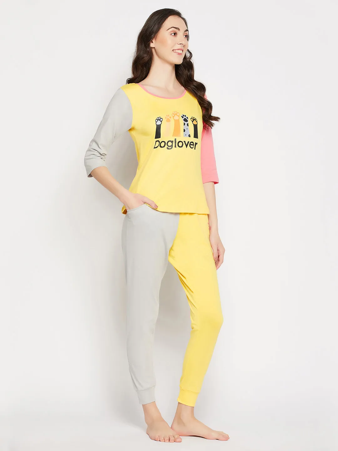 Yellow Cotton Graphic & Text Print Colourblocked Top & Joggers Set