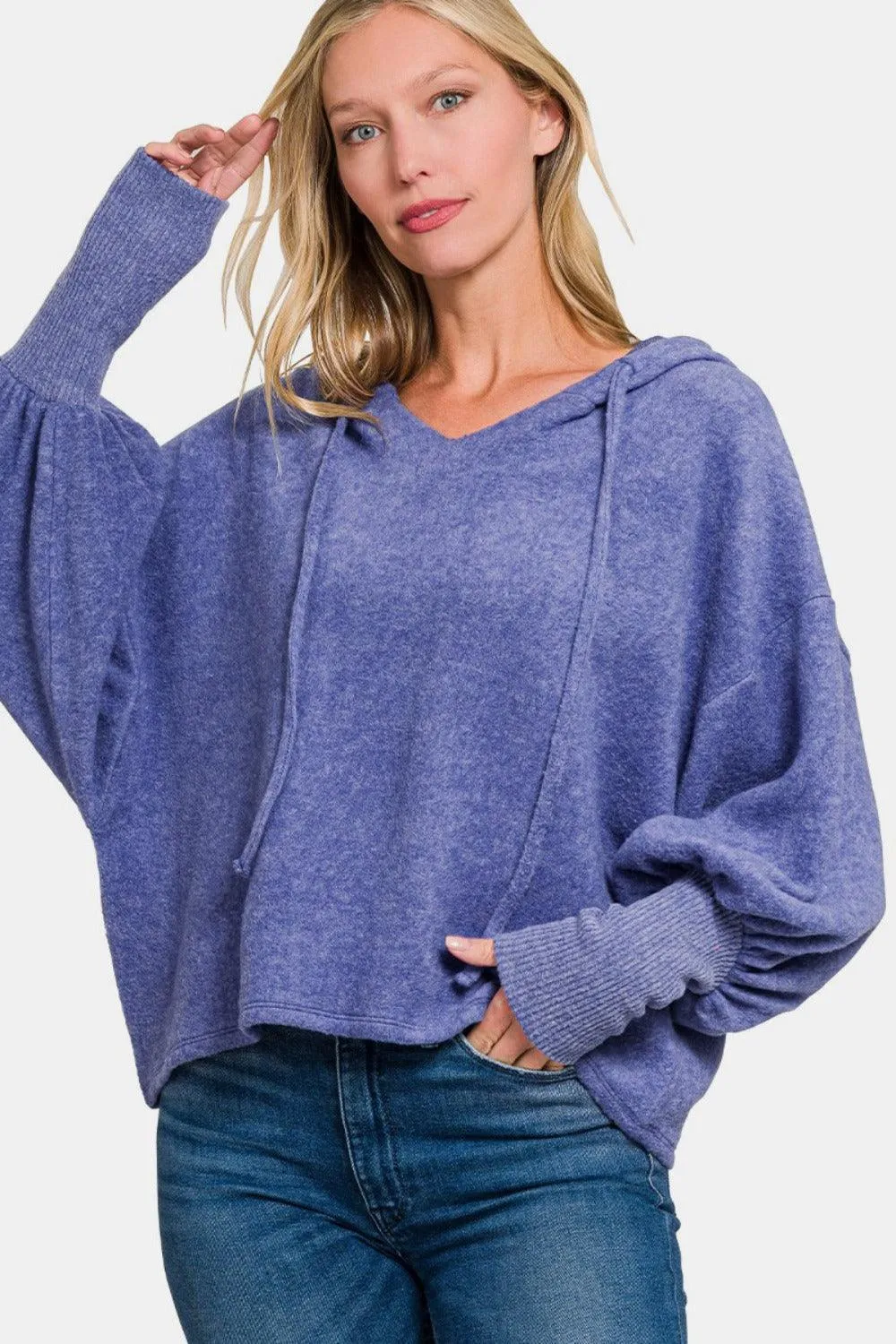 Zenana US Cropped Hoodie Brushed Hacci Drop Shoulder Long Sleeve