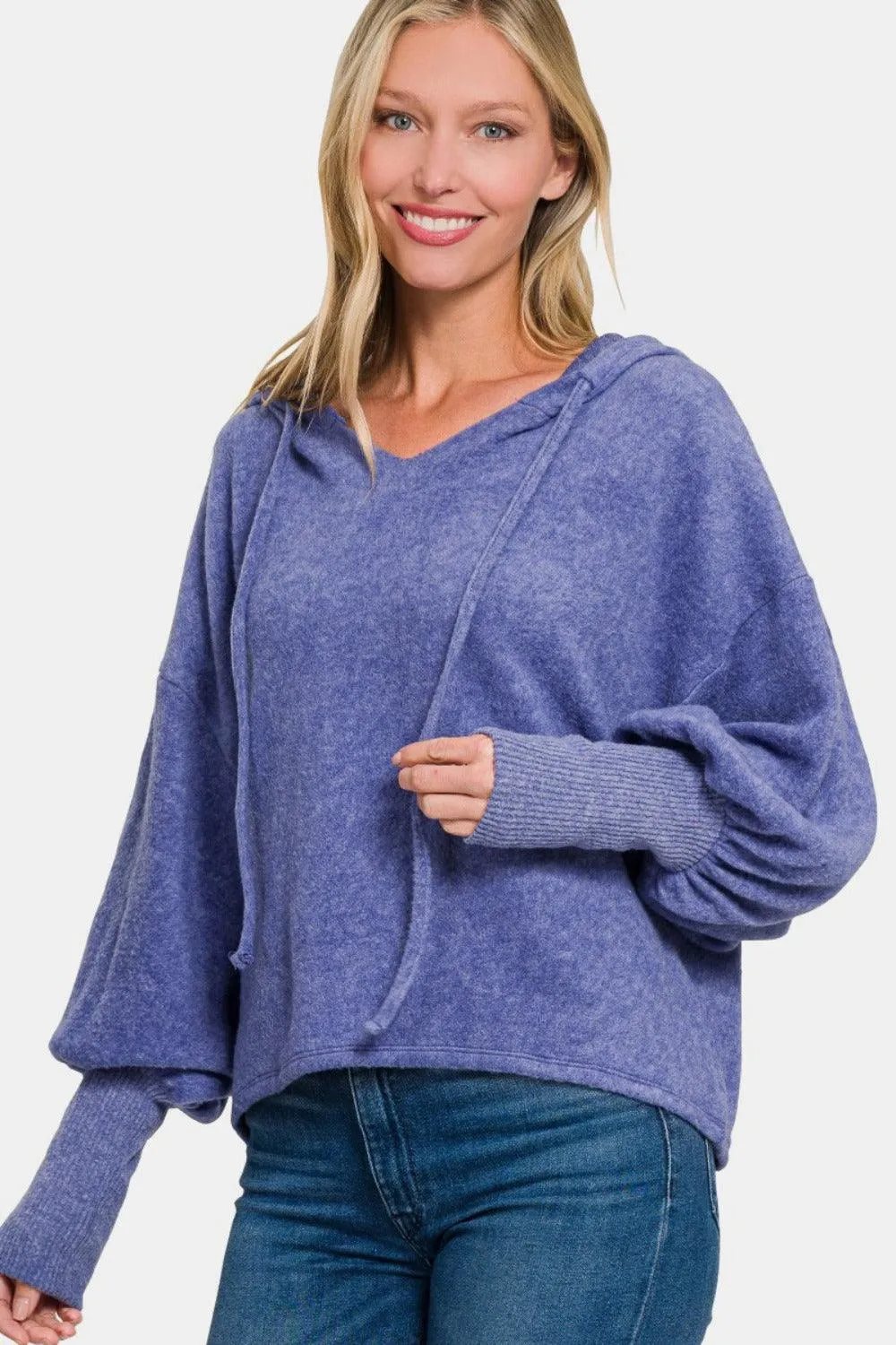 Zenana US Cropped Hoodie Brushed Hacci Drop Shoulder Long Sleeve